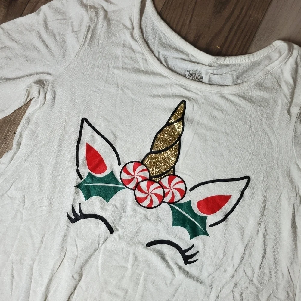Justice Girls Christmas Holiday Unicorn Long Sleeve Tee Shirt Size 12 EUC